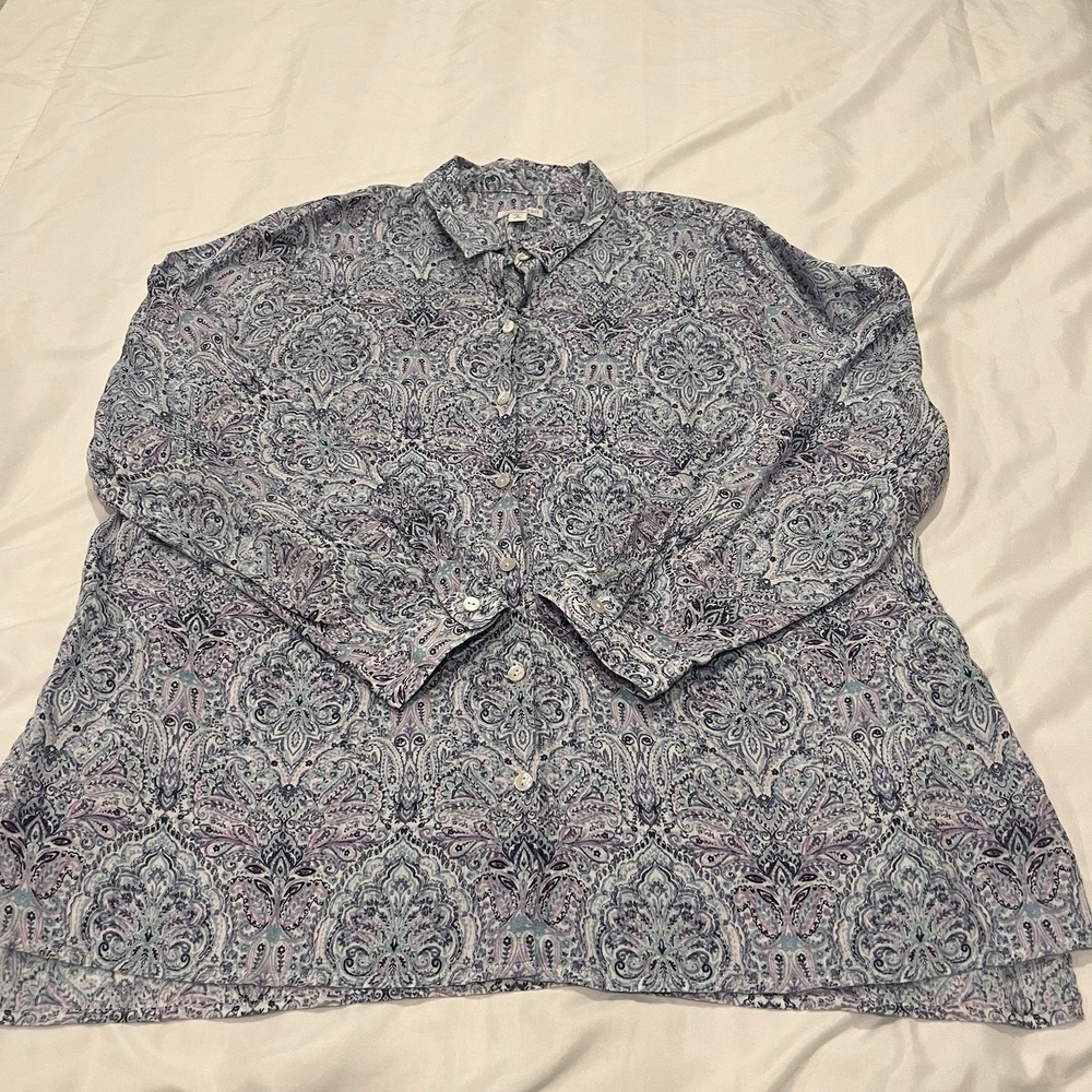J. Jill Love Linen Essential Shirt Petite XL Blue Purple Paisley Button Down